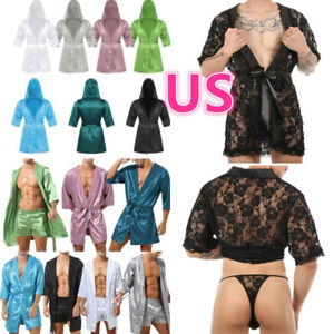 US Men's Silk Satin Pajamas Hooded Bathrobe with Belted Set Bath Robe Sleepwear