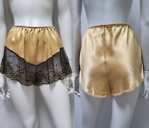 Vintage KAYSER Gold Satin Black Lace Tap Pants Panties - Size S