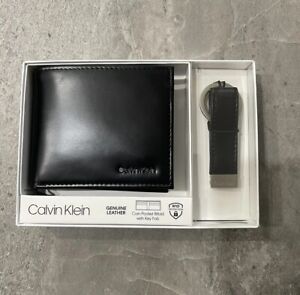 Calvin Klein Ck Mens Leather Bifold Id Wallet Key Fob RFID Black 79220 Gift Set