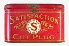 Rare 1910s “Satisfaction” litho hinged lunch pail tobacco tin in good condition