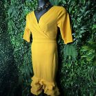 Women Dress XL Mustard Yellow Fitted Mermaid Ruffle Layered Hem MAYME 0770