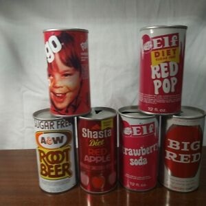 Lot 118 6 vintage steel pull top 12 oz soda pop cans faygo big red elf a&w shast