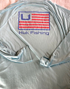 New ListingHUK FISHING Mens L/S Saltwater USA FLAG PURSUIT Sun Shield JERSEY SHIRT AquaBlue