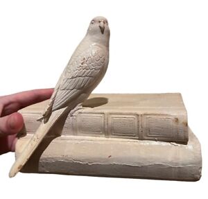 Vintage Bird on Book Stack Figurine Decor Rustic White Weathered Statue