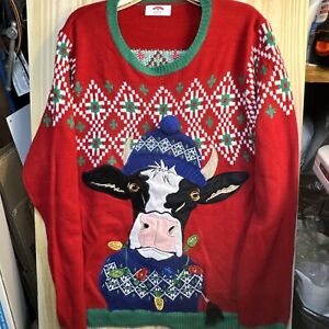 Holiday Time Christmas Sweater Womens XL 46-48 Cow in Hat Applique Lights Up Red