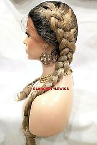 360 HUMAN HAIR BLEND LACE FRONT FULL WIG BRAIDED OMBRE OFF BLACK ASH BLONDE