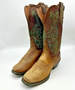 Justin Womens Size 6.5 B Brown Leather Cowboy Western Boots Teal Stitching