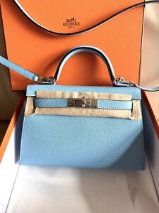 Hermes Mini Kelly II 20 Bag Celeste /blue with Palladium Hardware Epsom Leather