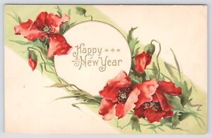 Happy New Year~Red Poppies On Green Ribbon~Embossed~Made In Germany~Vintage PC