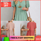 Womens Short Sleeve V Neck Mini Dress Ladies Pleated Ruffle Baggy Solid Dresses‹