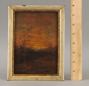 Small Antique American Impressionist Tonalist Sunset Landscape Oil Painting, NR