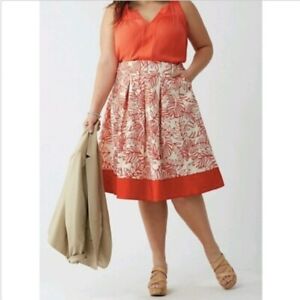 Lane Bryant Women' s Size 16 Red & White Pleated Flare Floral Skirt Linen Blend