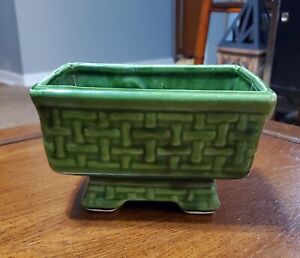Vintage Emerald Green Planter USA Pottery Woven Basket Pattern Pot Spring Plants