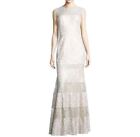 Kay Unger Metallic Silver Brocade Lace Panel Flared Gown Cap Sleeve Size 6 $550
