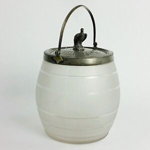 Antique English Frosted Glass Biscuit Jar with Eagle Finial