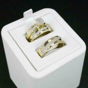 2.34ct Real Moissanite His And Hers Wedding Trio Ring Set 14k Yellow Gold Over