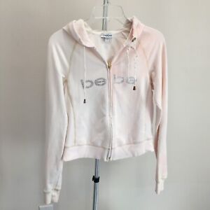 BEBE sz Small/Medium Peach/Pink White Tie Dye Rhinestone Logo Hoodie Zip Jacket