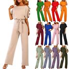 Women's Casual Loose Short Sleeve Belted Wide Leg Pants Solid Romper Jumpsuits