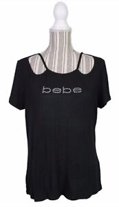 Bebe Medium Logo Shirt Rhinestones Scoop Neck Cut-out Front Black Top New W/Tags