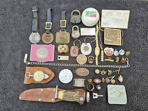 Vtg Old Junk Drawer Lot Knife Pocket Watch Fob Lapel Pin Coin Buckle Advertising