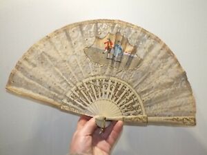 Antique 19th Century Gouache & Lace Fan - Romantic Decor