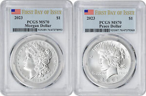 2023 Morgan and Peace Silver Dollar 2-Coin Set MS70 First Day of Issue PCGS FDOI