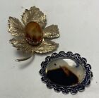 Vtg Pin Brooch Lot Oval Cabochon Montana Moss Agate Scenic & Goldtone Maple Leaf