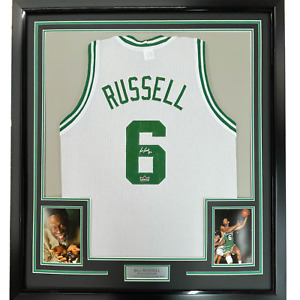 Framed Facsimile Autographed Bill Russell 33x42 White Reprint Laser Auto Jersey