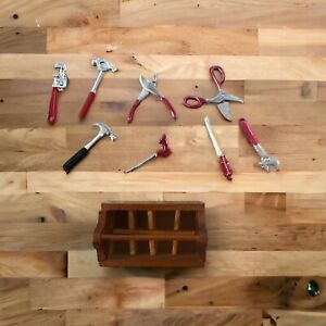 Dollhouse Miniature Wood Tool Box With 8 Tools-