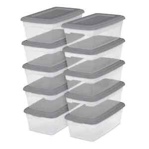 Sterilite Set of (10) 6 Qt. Clear Plastic Storage Boxes with Gray Lids Free Ship