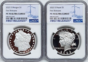 2 coin set 2023 s proof morgan peace silver dollars ngc pf70 uc fr  fr   in hand