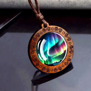Aurora Northern Light Glass Wood Pendant Necklace  Men Women Unique Jewelry Gift