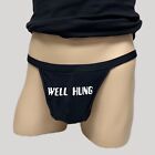 H.E.Arts WELL HUNG logo custom print mens BLACK swim G-string Thong swimwear