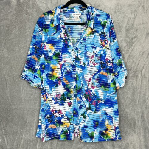 CD Daniels 2X Shirt Top Blue Floral Roll Tab Elbow Sleeve V Neck Semi Sheer