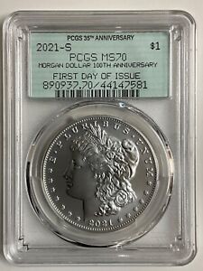 2021 S Morgan Silver Dollar $1 PCGS MS 70 First Day Of Issue 100Th Green
