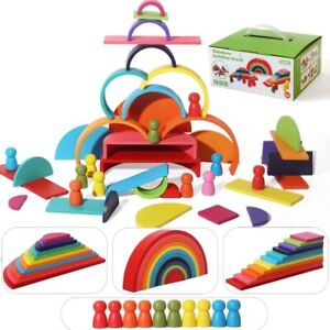 SHIERDU 45-Piece Wooden Rainbow Stack Set, 4-in-1 Building Blocks preschoolers &