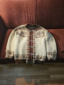 Dale of Norway Women's  Cardigan Cream & Brown  Wool Sweater Size 52 Large Vtg.