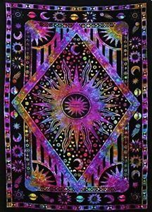 ANJANIYA Burning Sun Tie Dye Tapestry, Celestial Sun Moon Star Planet Bohemian