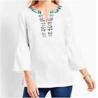 TALBOTS white linen top size small embellished fish bell sleeve shirt