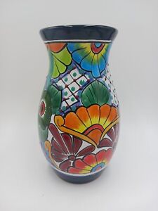 Mexican Talavera Folk Art Pottery Vase Colorful Florals 9
