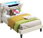 Twin Bed Frame with Storage Headboard and Charging Station, LED Lights Upholster