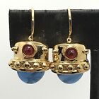 Vintage  Gold tone  Blue & Red  Glass Cabochon Dangle Design   Pierced  Earrings