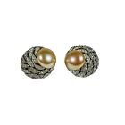 Vintage MCJ Silver Rhinestone Pearl Signed Round Clip On Earrings Feather Leaf