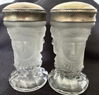 New ListingVintage Salt & Pepper Shakers, Frosted Glass w Faces; Silver Lid; MMA; Age?