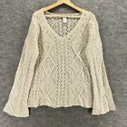 Cabi Sweater Pullover Women L Large Beige Geometric Crochet V-Neck Long Sleeve
