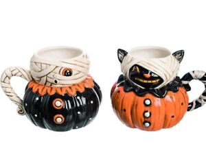 Johanna Parker Halloween Mummy Cat & Mummy 2 Pack 20 Oz Ceramic Mugs