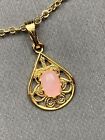 Vintage Pendant Necklace Gold Time Purple Oval Pink Rose Quartz stone 18” Chain