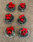 Vintage Bottle Brush Green WREATH Ornaments w/ Red Ball Center 2 ½” Set of 6