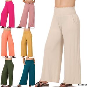 1X 2X 3X Women's Plus Size Wide Smocked Waistband Lounge Long Pants Soft Stretch