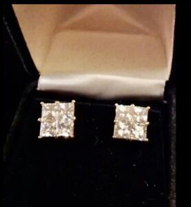 NWOT Real  10 KT Gold Princess Cut Square Shaped Studs Lab Created Diamond .